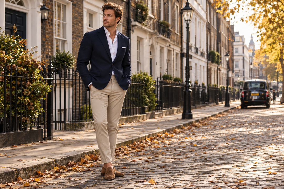 Men's Navy Blazers with Stone Chinos: A Weekend Outfit
