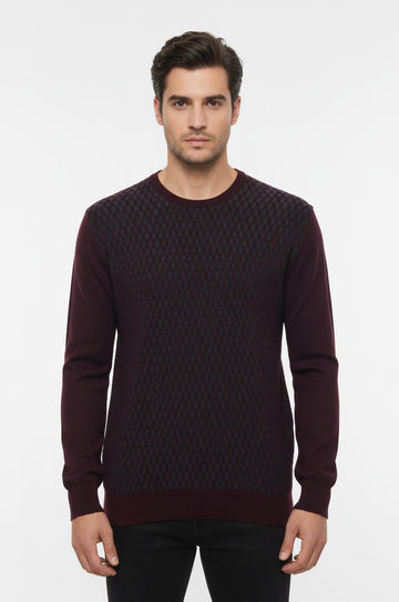 Burgundy Slim Fit Diamond Patterned Circle Neck Sweater – Wessi