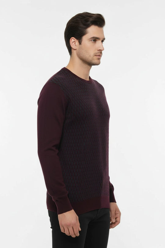 Burgundy Slim Fit Diamond Patterned Circle Neck Sweater – Wessi