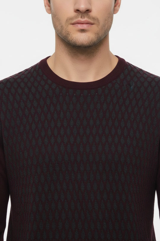 Burgundy Slim Fit Diamond Patterned Circle Neck Sweater – Wessi