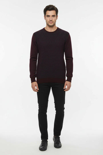 Burgundy Slim Fit Diamond Patterned Circle Neck Sweater – Wessi