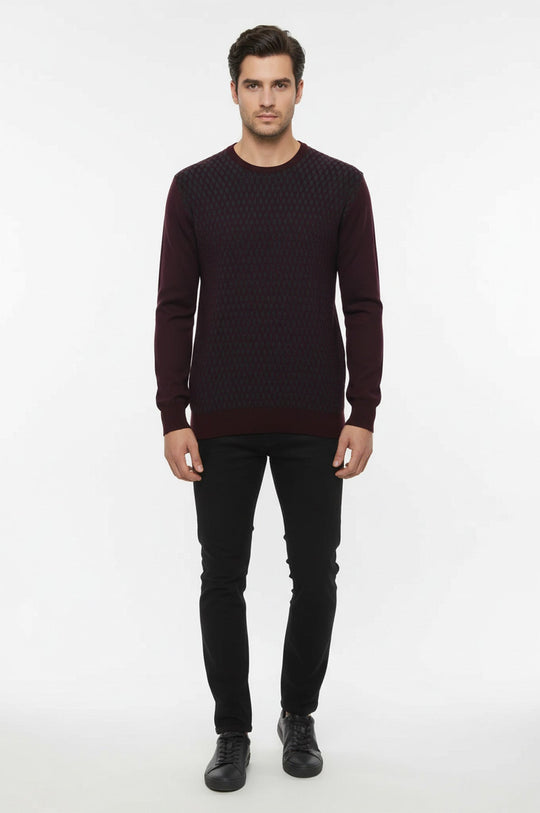 Burgundy Slim Fit Diamond Patterned Circle Neck Sweater – Wessi
