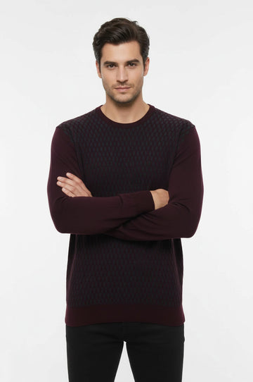 Burgundy Slim Fit Diamond Patterned Circle Neck Sweater – Wessi