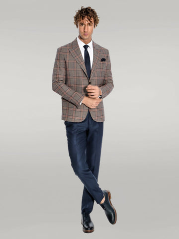 Men’s Royal Navy Windowpane Checked Slim Fit Single Breasted Smart-Casual Blazer