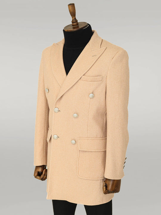 Cream Slim Fit Double Breasted Metal Button Wool-Rich Long Coat – Wessi
