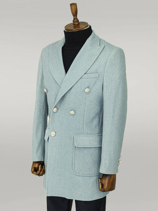 Indigo Blue Slim Fit Double Breasted Metal Button Wool-Rich Long Coat – Wessi