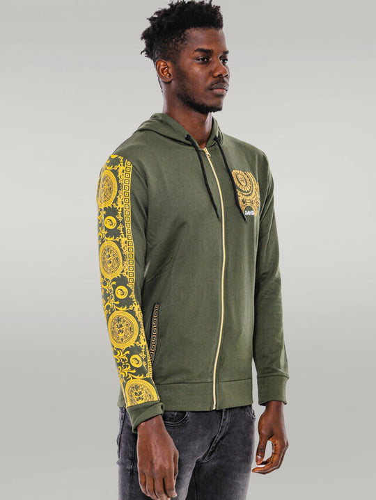 Dark Green Slim Fit Patterned Zip-Up Hoodie | Wessi