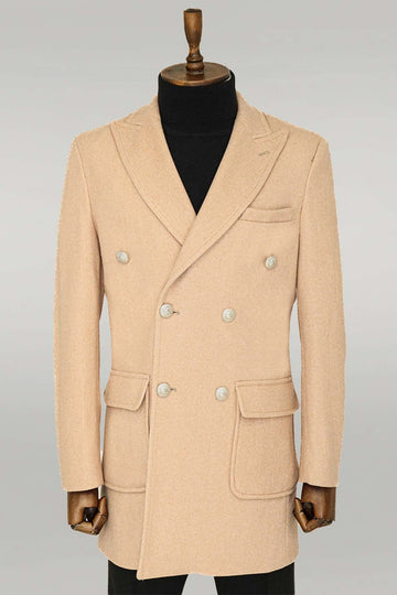 Cream Slim Fit Double Breasted Metal Button Wool-Rich Long Coat – Wessi