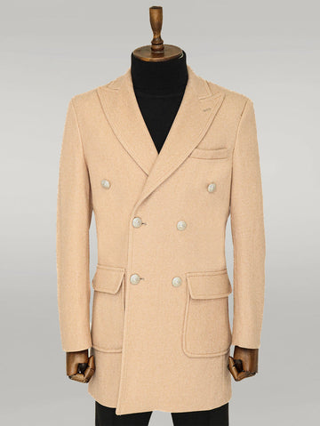 Cream Slim Fit Double Breasted Metal Button Wool-Rich Long Coat – Wessi