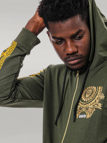 Dark Green Slim Fit Patterned Zip-Up Hoodie | Wessi