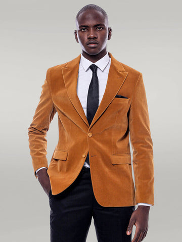 Men’s Mustard Yellow Velvet Slim Fit Wide Peak Lapel Blazer