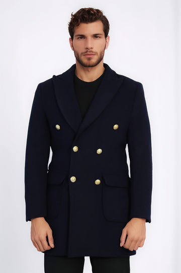 Navy Blue Slim Fit Double Breasted Metal Button Wool-Rich Long Coat – Wessi