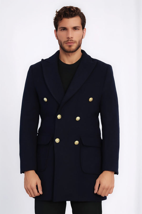 Navy Blue Slim Fit Double Breasted Metal Button Wool-Rich Long Coat – Wessi