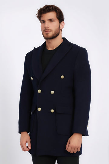 Navy Blue Slim Fit Double Breasted Metal Button Wool-Rich Long Coat – Wessi