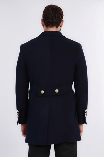 Navy Blue Slim Fit Double Breasted Metal Button Wool-Rich Long Coat – Wessi