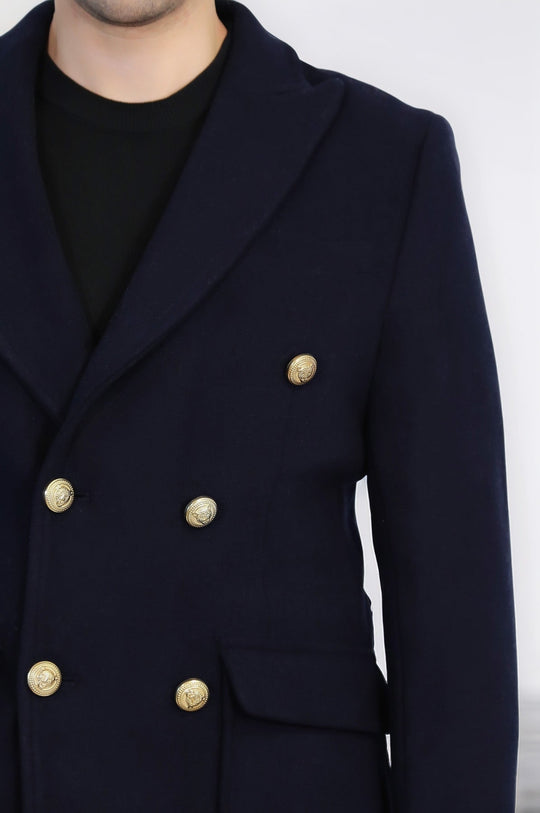 Navy Blue Slim Fit Double Breasted Metal Button Wool-Rich Long Coat – Wessi