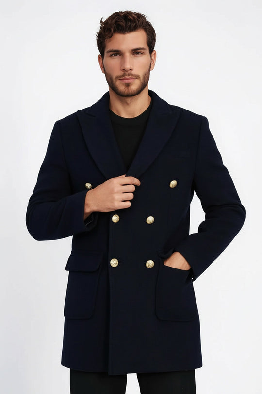 Navy Blue Slim Fit Double Breasted Metal Button Wool-Rich Long Coat – Wessi