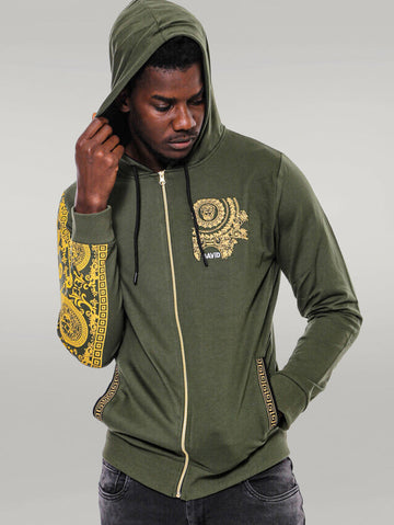 Dark Green Slim Fit Patterned Zip-Up Hoodie | Wessi