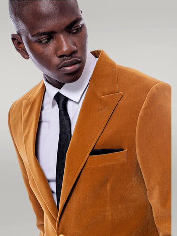 Men’s Mustard Yellow Velvet Slim Fit Wide Peak Lapel Blazer