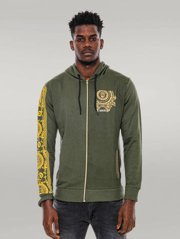 Dark Green Slim Fit Patterned Zip-Up Hoodie | Wessi
