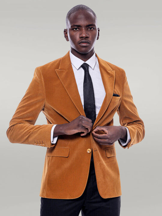 Men’s Mustard Yellow Velvet Slim Fit Wide Peak Lapel Blazer