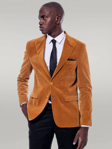 Men’s Mustard Yellow Velvet Slim Fit Wide Peak Lapel Blazer