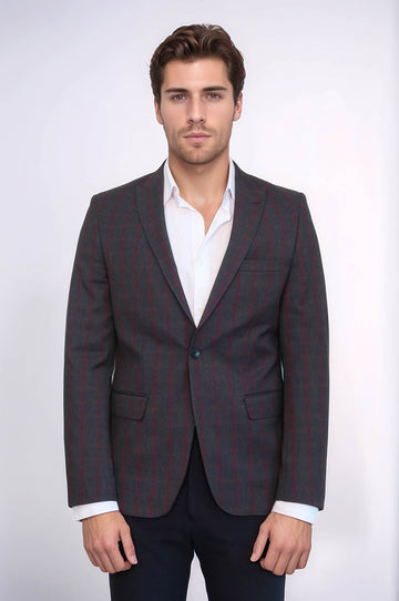 Men’s Charcoal Grey & Subtle Burgundy Windowpane Check Slim Fit Notch Lapel Sport Blazer