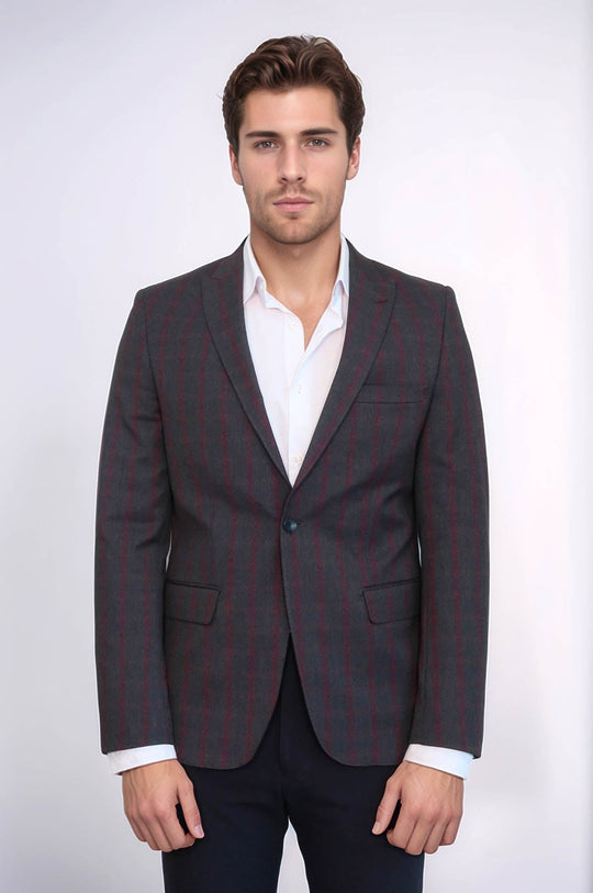 Men’s Charcoal Grey & Subtle Burgundy Windowpane Check Slim Fit Notch Lapel Sport Blazer