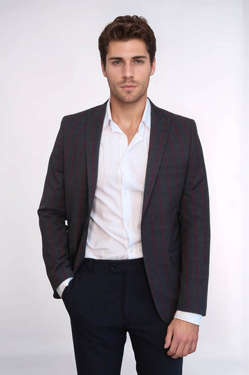 Men’s Charcoal Grey & Subtle Burgundy Windowpane Check Slim Fit Notch Lapel Sport Blazer