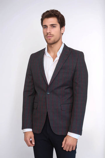 Men’s Charcoal Grey & Subtle Burgundy Windowpane Check Slim Fit Notch Lapel Sport Blazer