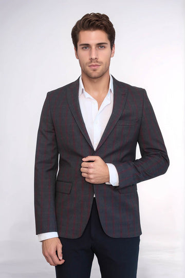 Men’s Charcoal Grey & Subtle Burgundy Windowpane Check Slim Fit Notch Lapel Sport Blazer
