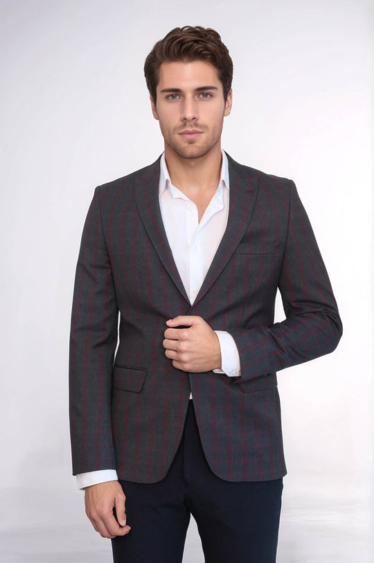Men’s Charcoal Grey & Subtle Burgundy Windowpane Check Slim Fit Notch Lapel Sport Blazer