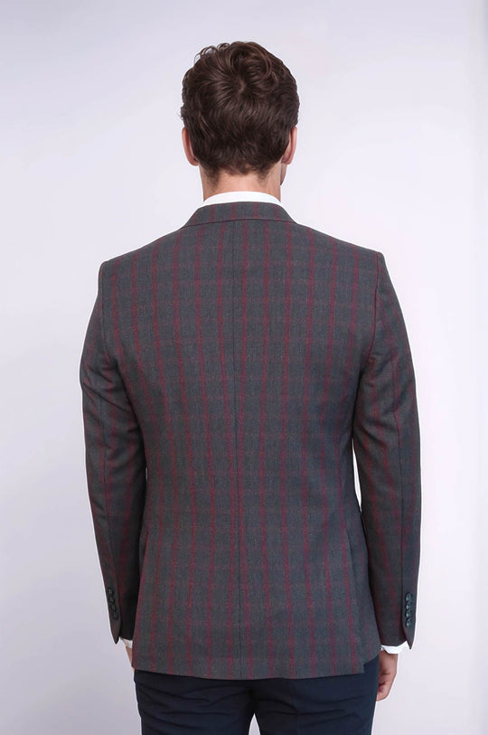 Men’s Charcoal Grey & Subtle Burgundy Windowpane Check Slim Fit Notch Lapel Sport Blazer