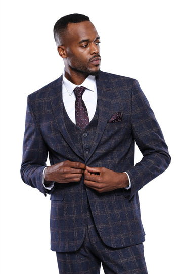 Men’s Navy Blue Windowpane Check Slim Fit Blazer & Waistcoat 2-Piece Set