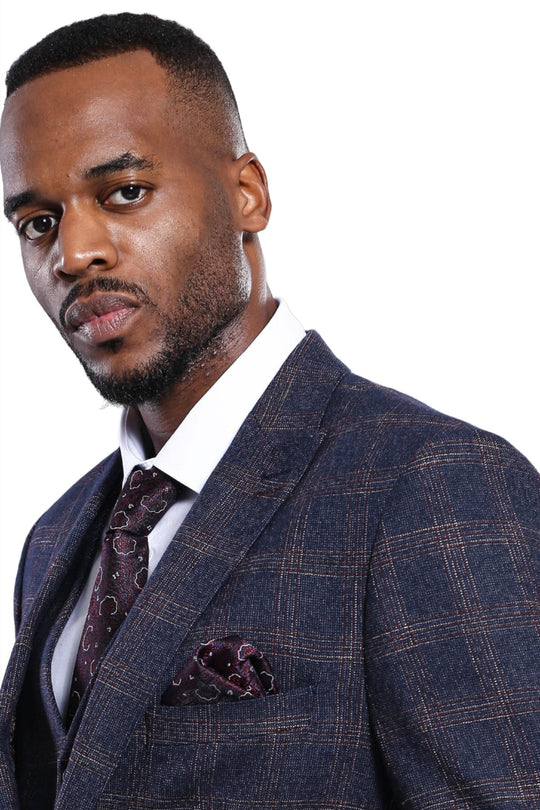 Men’s Navy Blue Windowpane Check Slim Fit Blazer & Waistcoat 2-Piece Set