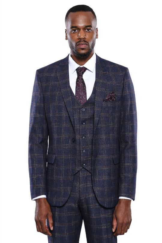 Men’s Navy Blue Windowpane Check Slim Fit Blazer & Waistcoat 2-Piece Set