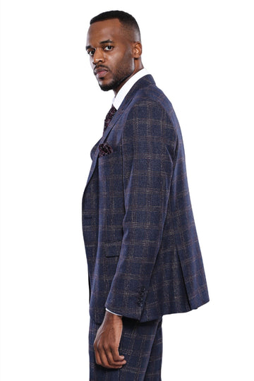 Men’s Navy Blue Windowpane Check Slim Fit Blazer & Waistcoat 2-Piece Set