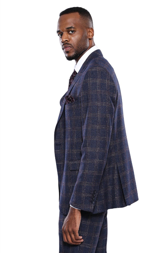 Men’s Navy Blue Windowpane Check Slim Fit Blazer & Waistcoat 2-Piece Set