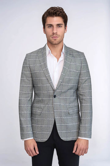 Men’s Silver Grey Windowpane Grid Slim Fit Notch Lapel Sport Blazer