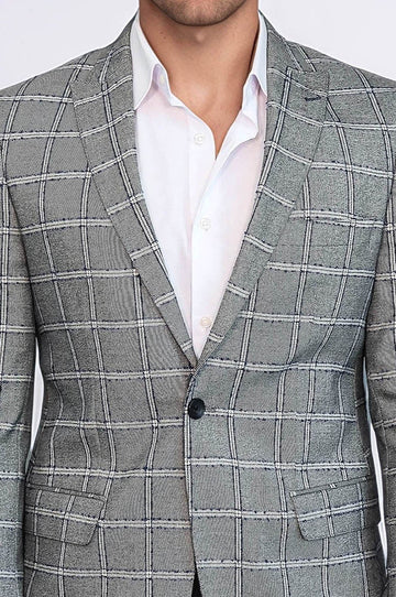 Men’s Silver Grey Windowpane Grid Slim Fit Notch Lapel Sport Blazer