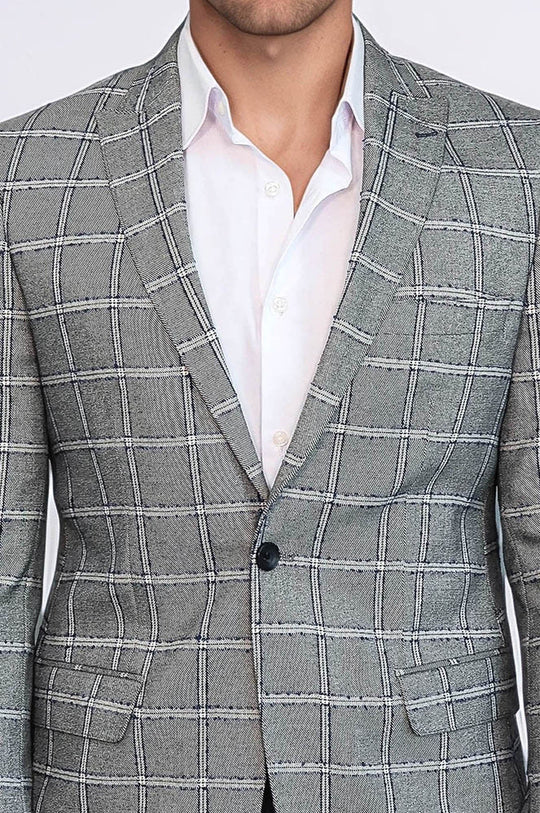 Men’s Silver Grey Windowpane Grid Slim Fit Notch Lapel Sport Blazer