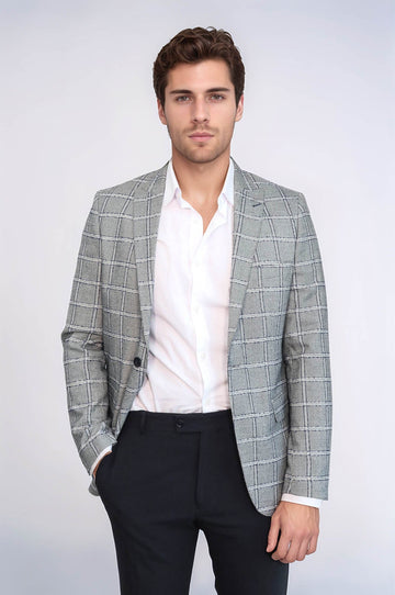Men’s Silver Grey Windowpane Grid Slim Fit Notch Lapel Sport Blazer