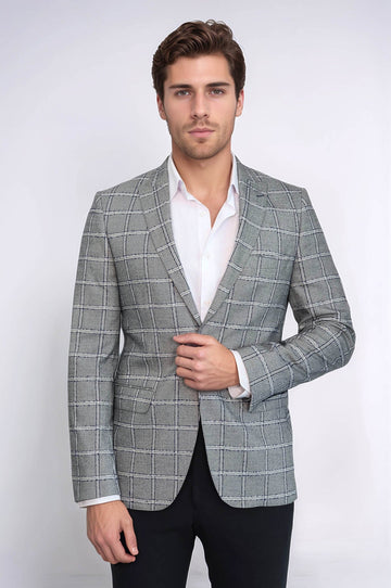 Men’s Silver Grey Windowpane Grid Slim Fit Notch Lapel Sport Blazer