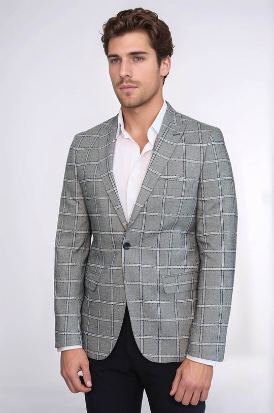 Men’s Silver Grey Windowpane Grid Slim Fit Notch Lapel Sport Blazer