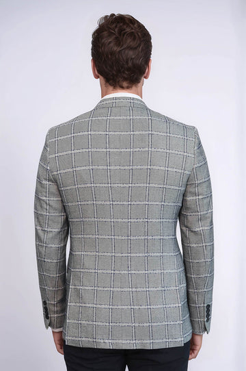 Men’s Silver Grey Windowpane Grid Slim Fit Notch Lapel Sport Blazer
