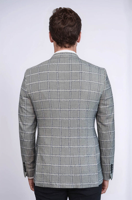 Men’s Silver Grey Windowpane Grid Slim Fit Notch Lapel Sport Blazer