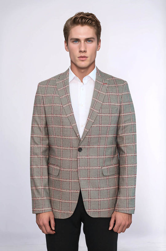 Men’s Slate Grey Windowpane Checked Slim Fit Notch Lapel Blazer