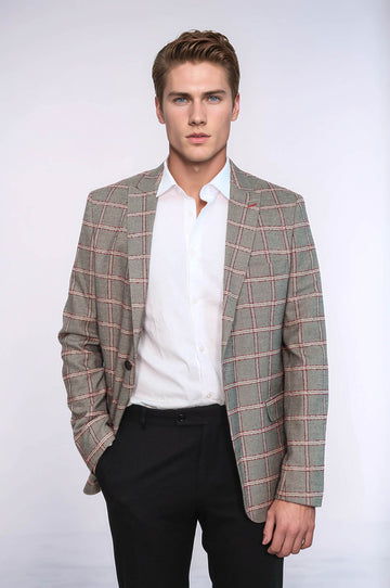 Men’s Slate Grey Windowpane Checked Slim Fit Notch Lapel Blazer