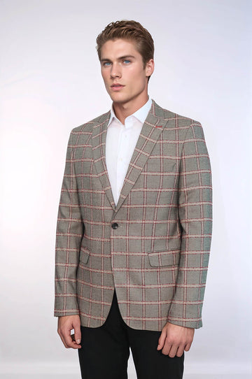 Men’s Slate Grey Windowpane Checked Slim Fit Notch Lapel Blazer