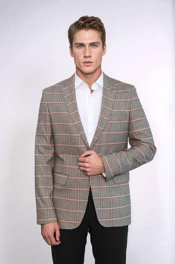 Men’s Slate Grey Windowpane Checked Slim Fit Notch Lapel Blazer